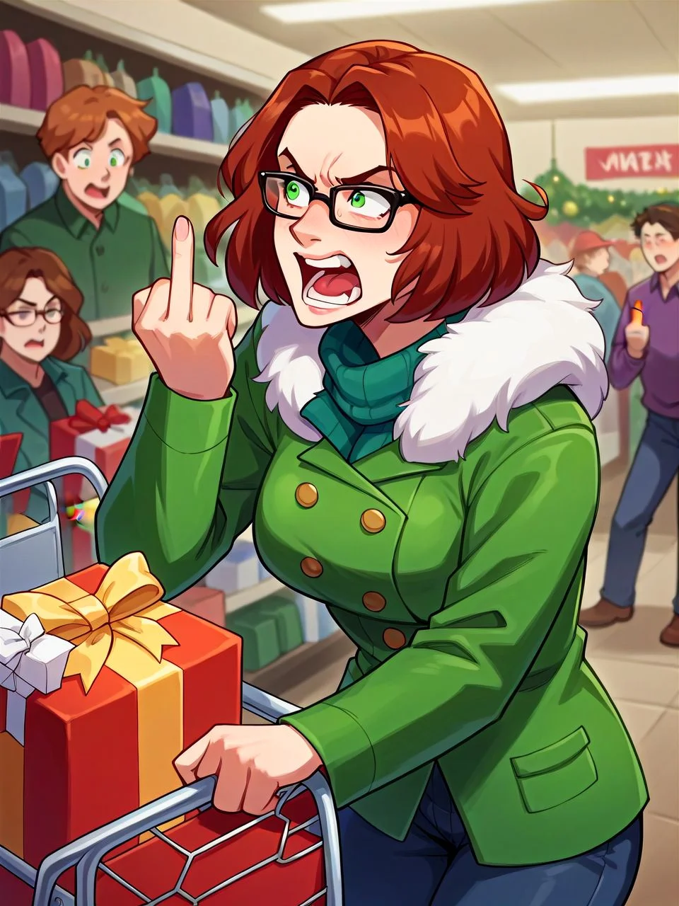 score_9, score_8_up, score_7_up, score_6_up, score_5_up, score_4_up, BREAK <lora:elizaTS4_PDXL:1.0> elizats4, auburn hair, short hair, green eyes, rectangular eyewear, winter coat, (pushing shopping cart1.2), cart full of christmas gifts, indoors, crowded, wal-mart, christmas, angry, shouting, middle finger