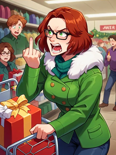 score_9, score_8_up, score_7_up, score_6_up, score_5_up, score_4_up, BREAK <lora:elizaTS4_PDXL:1.0> elizats4, auburn hair, short hair, green eyes, rectangular eyewear, winter coat, (pushing shopping cart1.2), cart full of christmas gifts, indoors, crowded, wal-mart, christmas, angry, shouting, middle finger