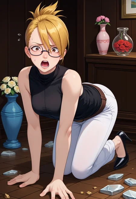 score_9, score_8_up, source_anime, 1girl, all fours, open mouth, shouting, flying sweatdrops, <lora:AdrianAA-pdxl:1> andrews, blonde hair, short hair, folded ponytail, asymmetrical bangs, brown eyes, glasses, shards, broken glass, sleeveless shirt, black shirt, turtleneck, brown belt, white pants, high heels, black footwear, wooden floor, vase