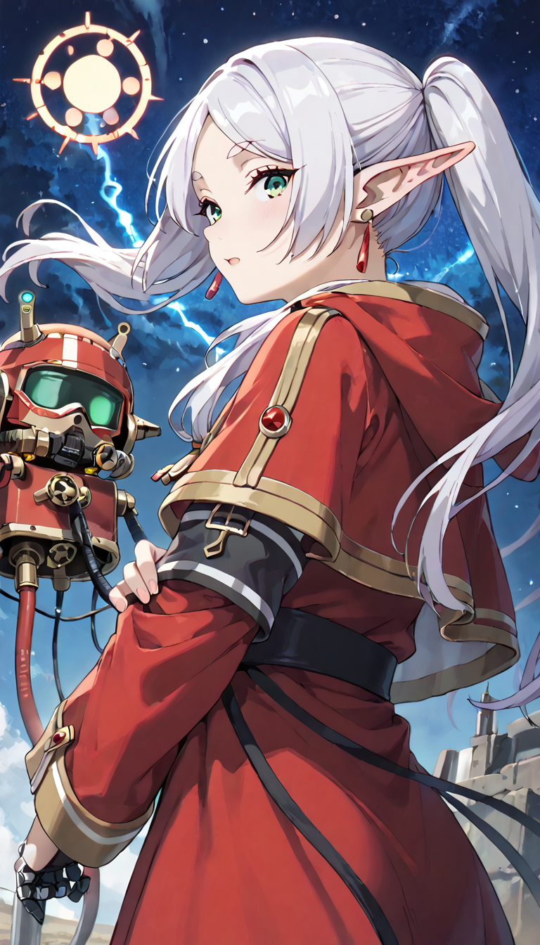 1girl, sfrieren, elf, pointy ears, silver hair, white hair, green hair, BREAK robe, earrings, <lora:sfrieren_ponyxl:0.7>
score_9, score_8_up, score_7_up, source_anime, BREAK
Crossed Arms ,BREAK
cowboy_shot,cinematic_angle,dutch angle,BREAK
looking_back,BREAK
afraid,BREAK
starry background,BREAK
<lora:Admech:1> admech, hood, mask, glowing, tube, cable, goggles, red robe, mechanical hands, wires, machinery