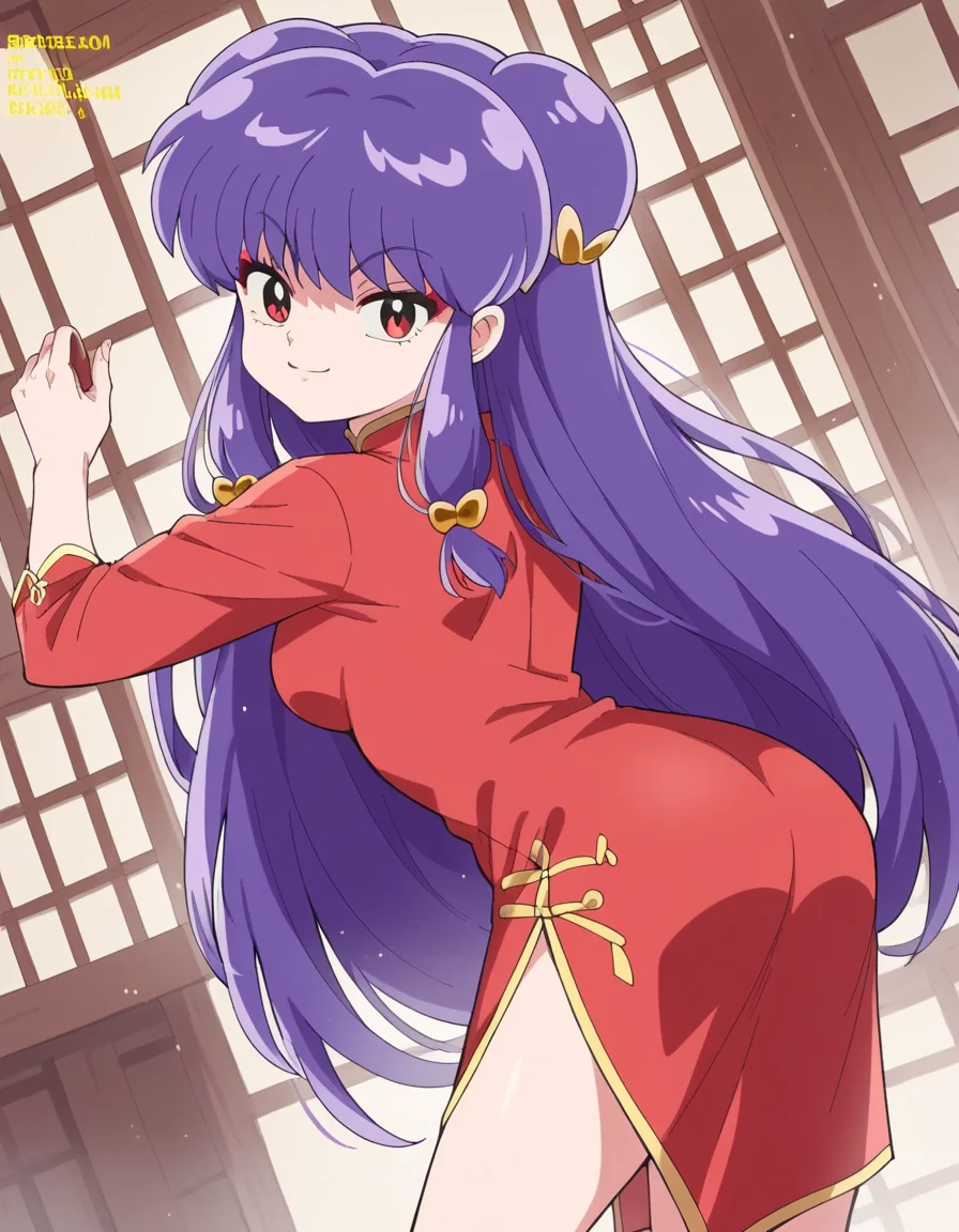score_9, score_8_up, score_7_up, source_anime, <lora:shampoo-leak-ponyxl-lora-nochekaiser:1>, shampoo, shampoo (ranma 1/2), long hair, hair ornament, red eyes, purple hair, hair bun, double bun,, dress, chinese clothes, china dress, red dress, long sleeves,, indoors, bent over, smile, smug, looking at viewer, solo,, cowboy shot, dutch angle