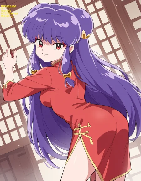 score_9, score_8_up, score_7_up, source_anime, <lora:shampoo-leak-ponyxl-lora-nochekaiser:1>, shampoo, shampoo (ranma 1/2), long hair, hair ornament, red eyes, purple hair, hair bun, double bun,, dress, chinese clothes, china dress, red dress, long sleeves,, indoors, bent over, smile, smug, looking at viewer, solo,, cowboy shot, dutch angle