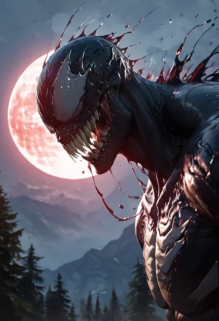 Score_9,score_8_up,score_7_up, high quality , detailed face , sharp image, realistic image, 1man as Venom, solo, half human face, muscular body, ((light from back , havey shadows)), skyscrapers in background, red moon , soft colors , (looking at viewer), ( close up,side view, low view, half body visible),