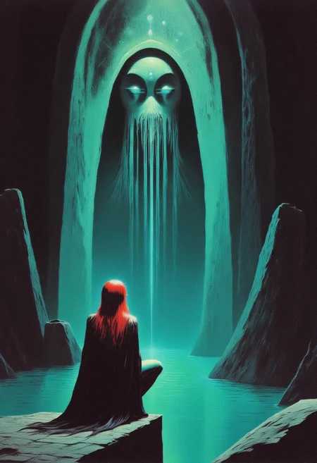 DNdGr41nyB0yz style, Dark fantasy illustration of a teal skinned woman with golden red hair sitting near a waterfall