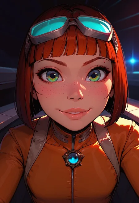 1boy in a spaceship cockpit, 
 masterpiece, best quality, highly detailed, score_9, score_8_up, score_7_up, g4n1m3,  source_cartoon, eye_focus, close-up, solo, looking_at_viewer,
 otoko no ko, 18 years old, (tiny breasts), (plump), short, cute, pretty kawaii femboy, young, green eyes, goggles on head, freckles, red hair, bob cut, blunt bangs, thick lips, orange latex jumpsuit, brooch, military insignia, thick lips, starfighter pilot, 
 Expressiveh, raise eyebrow, smirking, face focus,
 spacecraft, (spacecraft cockpit), glowing monitors, view of space, 
 dynamic light, neon light, vibrant colors, soft focus, high contrast, textured surfaces, depth of field, dramatic shadows, rich details, sci-fi color palette, cinematic composition, dim lighting,