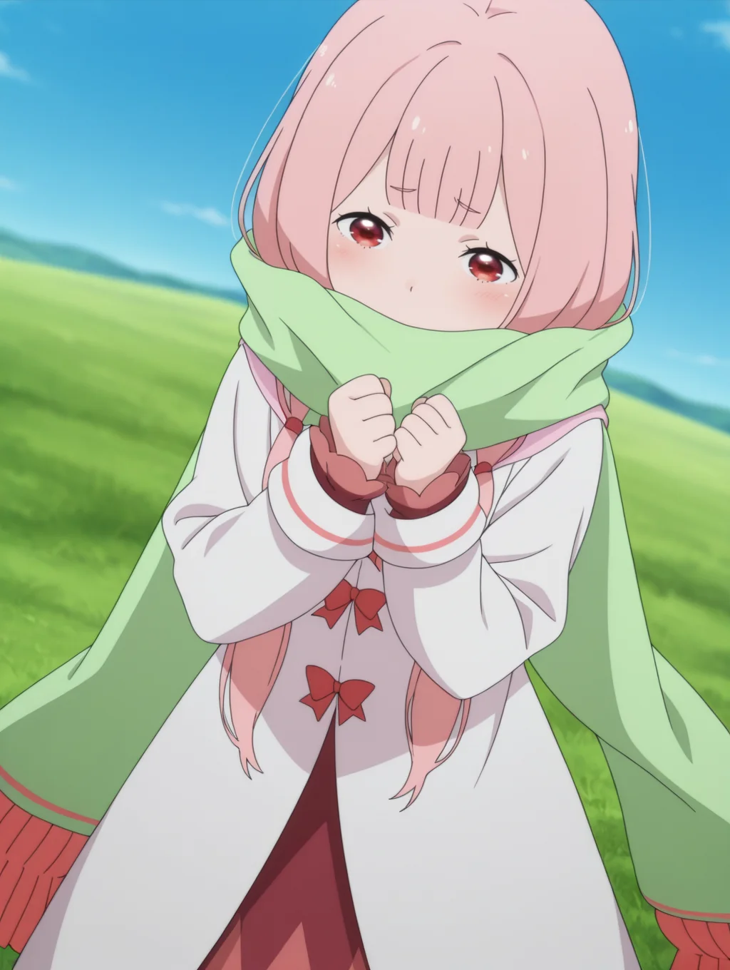 <lora:Carmilla Illu:1>1girl, solo,
carm1lla, pink hair, red eyes, long hair, low twintails, blunt bangs, fringe trim
c4rmdef, long green scarf, white coat, red dress, dress under coat, long sleeves, red bows,
outdoors, grass, blue sky, depth of field, clenched hands, blush, shy,
straight-on,
anime screencap, anime coloring,, masterpiece, best quality, amazing quality