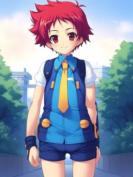score_9, score_8_up, score_7_up, source_anime, rating_explicit, BREAK <lora:Tsurumi_Tsubasa_Ver2.0_XL:1> TsurumiTsubasa, 1boy, solo, short hair, red hair, red eyes,
shorts, Yellow necktie,
outdoor, day, sky,
smile,
looking at viewer,
cowboy_Shot,