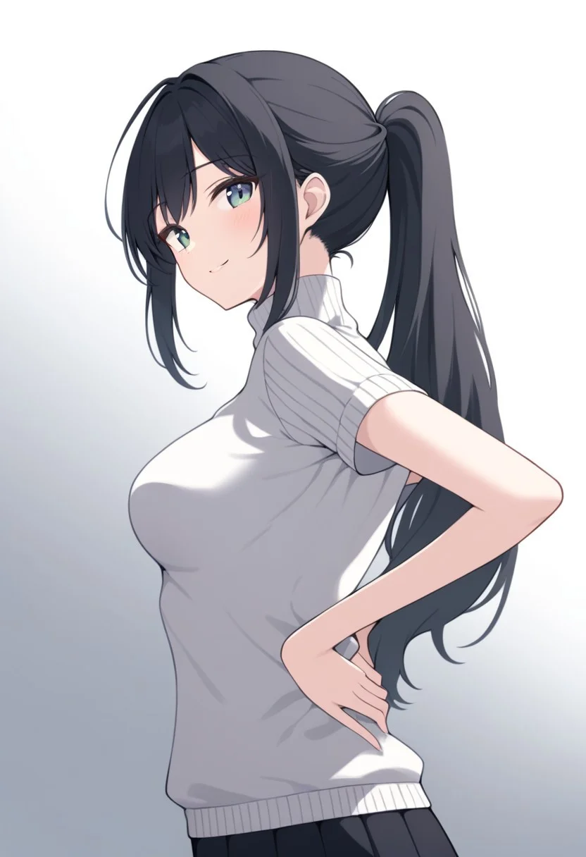 1girl, hands on own back,
from side, looking at viewer, smile, medium breasts, white turtleneck sweater, long hair, ponytail, black hair
BREAK
woman with hands on own back