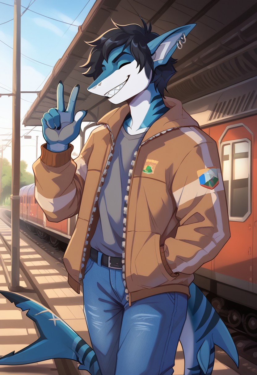 <lora:Scappo_Style_v2_PonyXL:0.8> by scappo, scappo,  score_9, score_8_up, score_7_up,1boy, solo, lunarsunxl,  anthro shark,dark blue skin, stripes on the body, short hair,lush hair,black hair, green eyes, shark tail, ear piercing, BREAK, light jacket, blue jeans, looks at the viewer, smiles broadly, shark teeth, closed eyes, happy face, Hand gesture bye, background railway peron, railway station,