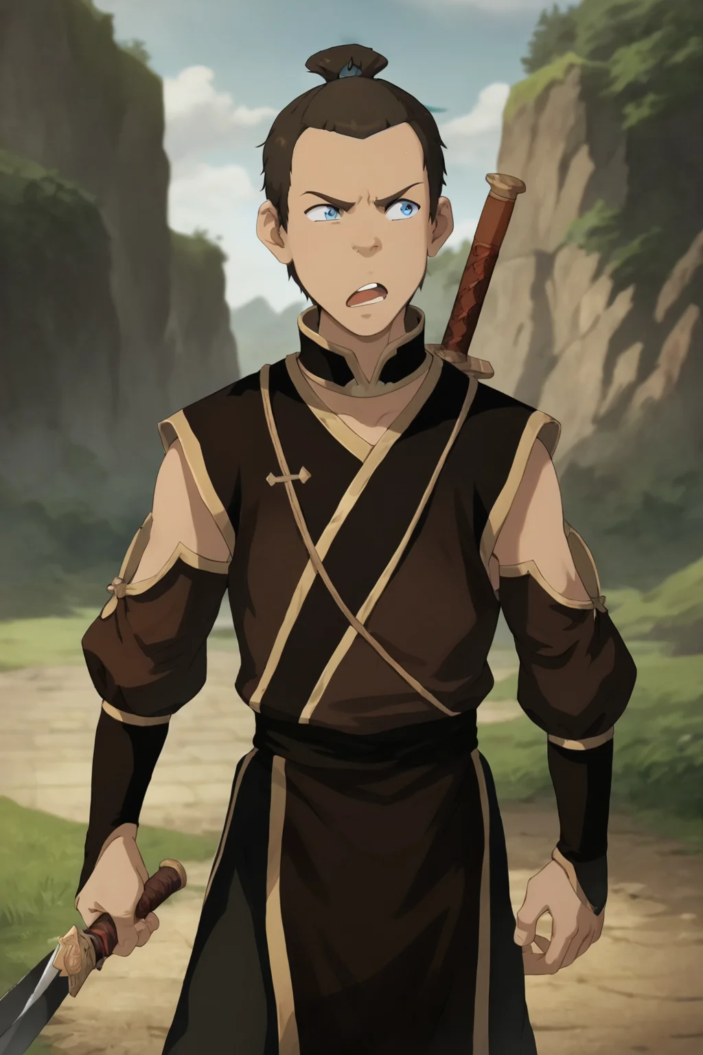 score_9, score_8_up, score_7_up, <lora:sokka:0.8>, 1boy, solo, sokka, blue eyes, brown hair, frown, open mouth, fire nation clothing, black clothes, medium shot, sword, outdoors,