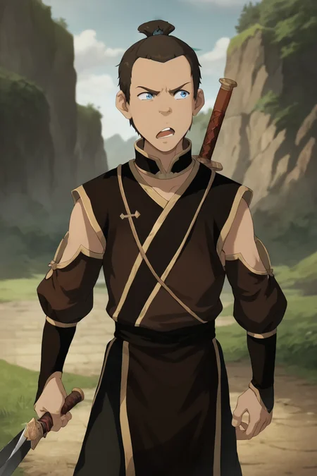 score_9, score_8_up, score_7_up, <lora:sokka:0.8>, 1boy, solo, sokka, blue eyes, brown hair, frown, open mouth, fire nation clothing, black clothes, medium shot, sword, outdoors,