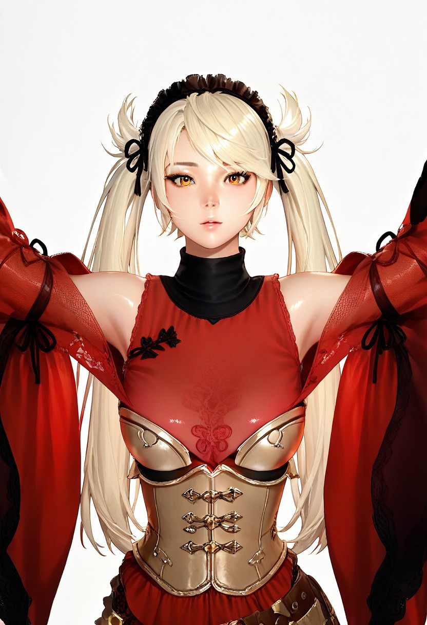 score_9,score_8_up,score_7_up, Expressiveh ,perfecteyes, source anime, beautiful eyes, shiny skin,  
lynn_(mabinogi), lynn_outfits_1, 1girl, solo, boots, thighhighs, gloves, blonde hair, fingerless gloves, long hair, wide sleeves, corset, lace, platform footwear, see-through, blonde hair, twintails,  clothing cutout, hairband ,upper body,