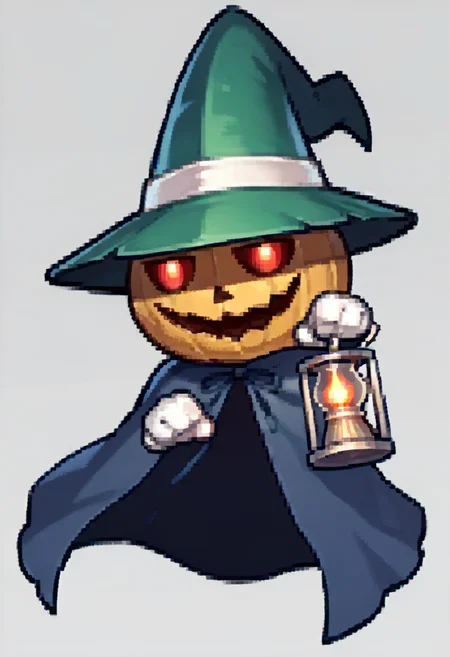 score_9, score_8_up, score_7_up, source_anime, <lora:Feh-Sprites-pdxl_Fp:1> simple background, chibi, full body, <lora:PyroJackSMT-pdxl:1> pjSMT, pokemon \(creature\), no humans, red eyes, open mouth, smile, witch hat, green headwear, cloak, cape, white gloves, holding lantern