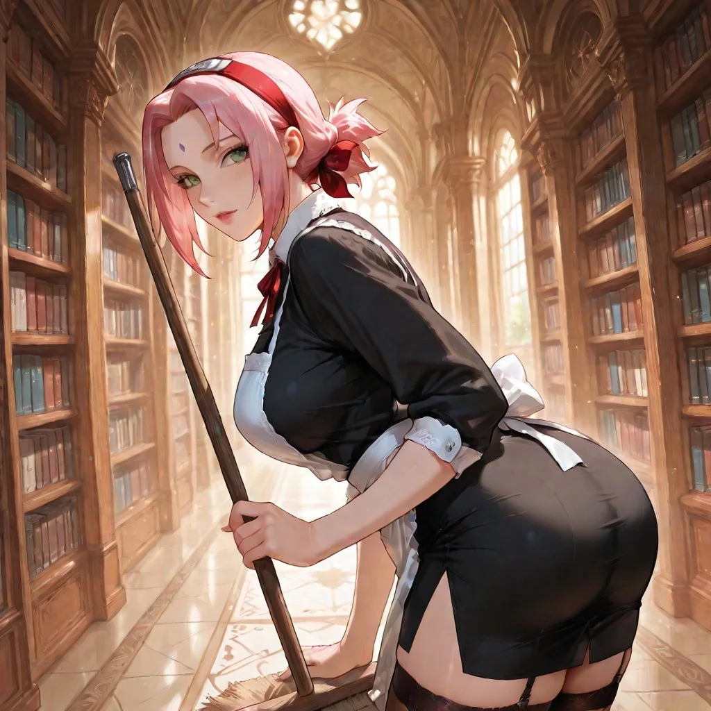 score_9,score_8_up,score_7_up,morimee_style,extremely detailed,sharp focus,HD,1girl,((solo)),Mature Woman,
haruno sakura,pink hair,green eyes,forehead mark, large breasts, voluptuous, juicy butt,
sweeping, tilted sweeping, library,
inside,detailed Background, sexy,
maid, apron, thighhighs, garter straps, black dress,