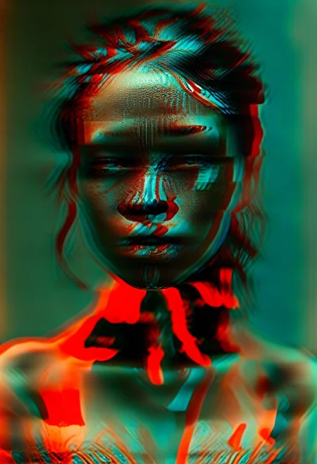 (real life, woman laying in bed, seductively looking at the viewer, clean brick red environment, grim style, horror lens effect, jarring optical effect, layered effects, dark shadows, hazy, grainy:1.2), (above pov, a woman looking aroused and eager, shocked, caped crusader, dark natural natural colors, HDR, 5mm:1.2), (glitch art by (Hans Feurer:1.1) and (Roe Ethridge:1.2)), glowing blue on black,