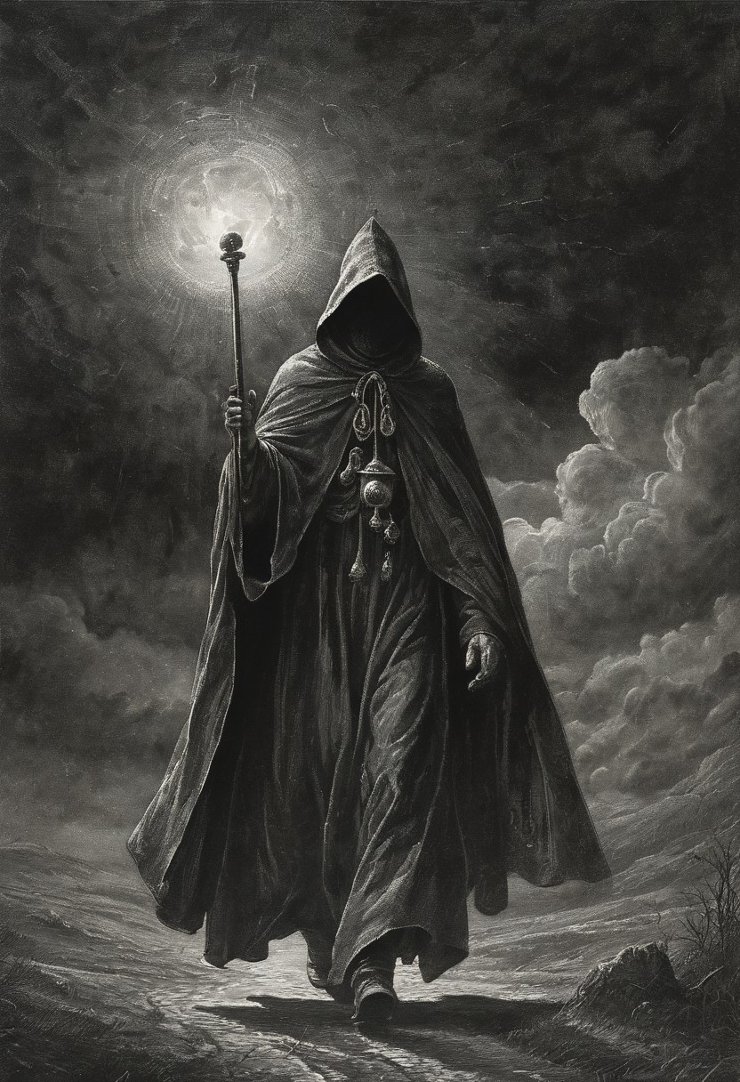 Misty morning, clouds in the sky
Without warning, a wizard walks by
Casting his shadow, weaving his spell
Long grey cloak, tinkling bell
partially covered in shadow, engraving
Mysterious. Dark. Night. Ominous. Highly detailed.