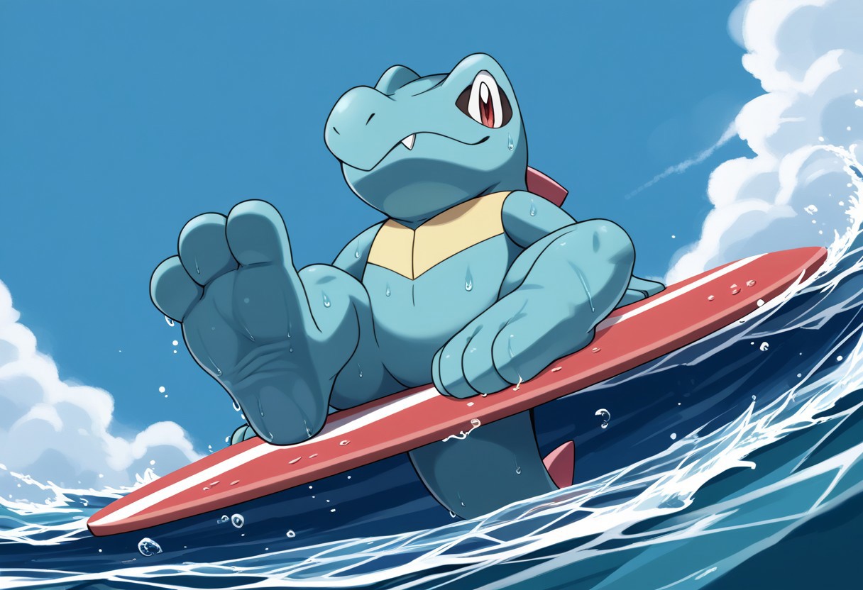 score_9, score_8_up, score_7_up, source_anime, source_furry,,BREAK ,
solo,totodile, pokemon (creature)
barefoot, blue feet, 3 toes, foot focus, water, surfing, feet on surfboard, wet on feet