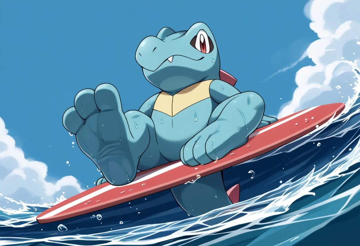 score_9, score_8_up, score_7_up, source_anime, source_furry,,BREAK ,
solo,totodile, pokemon (creature)
barefoot, blue feet, 3 toes, foot focus, water, surfing, feet on surfboard, wet on feet