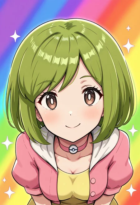 hinosaki, [[pokemoa, gonzarez]],2d, masterpiece, best quality, amazing quality, 1girl, solo, close-up, standing, smile, upper body, leaning_forward, looking at viewer, multicolored background, sparkle, rainbow background, colorful background, parasolbdsp, green hair, short hair, bangs, brown eyes, white pupils, choker,  yellow dress, pink jacket, open jacket, puffy short sleeves