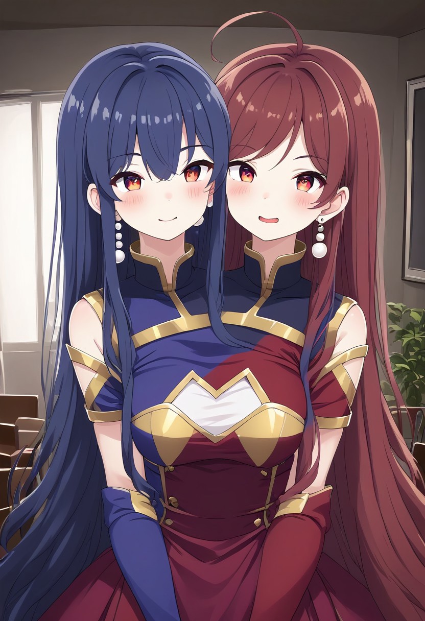 8K, HD, easynegative, half body, conjoined, Japan anime, two heads, BREAK female, random color hair, random ((short hair, very long hair, very long straight hair, wave hair, thick hair, furry hair)), ((2 different hairstyles)), ((2 tones color of hairstyles)), (((2 tones color hair))), ((human)), anime, BREAK female, rival team color, (((2 conjoined princesses from 2 different countries))), (((((2 tone color outfit, contrasting left and right outfit, asymmetrical design with varying styles on left and right, dual-style outfit, separate outfit design for left and right sides, ))))), Silk gown with a high neckline and detailed lace, Layered skirt with a regal train, Pearl earrings, Scepter, lady, girl, indoor living room background, lighting