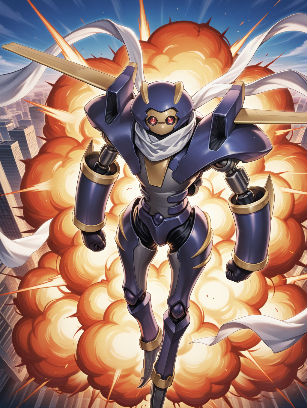 junk warrior, no humans, solo, robot, white scarf, explosion, clenched hands, standing, from above, sky, looking at viewer, brass knuckles
masterpiece,best quality,amazing quality,very aesthetic,absurdres,newest,<lora:Junk Warrior illuXL v1:0.82>,