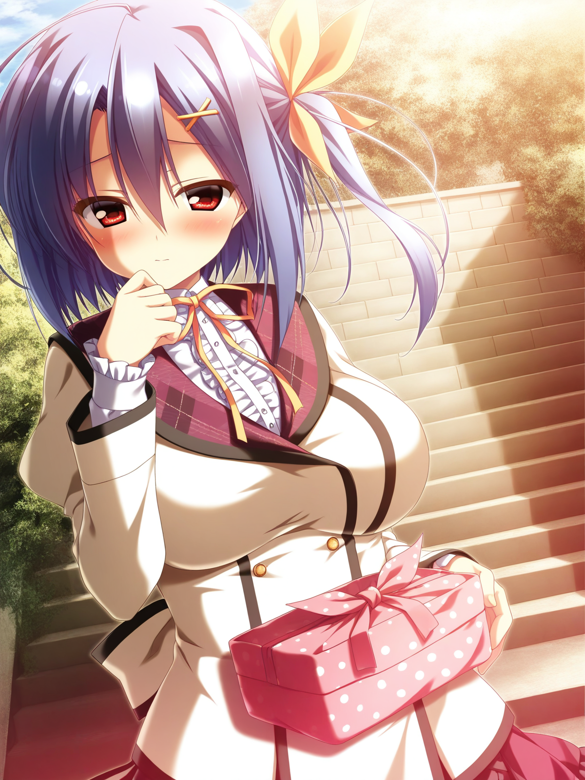 (masterpiece,best quality,ultra_detailed,highres,absurdres:1.2,amazing quality,very aesthetic),<lora:Shiina Anzu ilxl_v1-000012:0.8>,1girl,solo,stairs,holding,blush,ribbon,hair ornament,red eyes,blue hair,hair between eyes,holding,frills,yellow ribbon,upper body,dutch angle,hair ribbon,outdoors,neck ribbon,hairclip,shiina anzu\(12gatsu no Eve\),school uniform,hand up,wrapped bento,