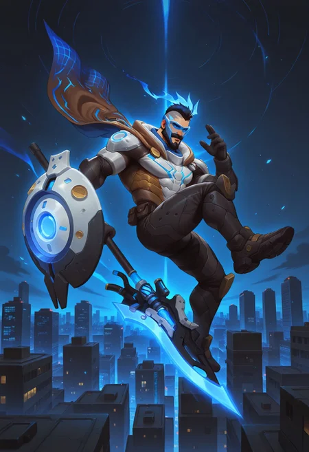 1boy,bara,male,solo,full body,floating,looking at viewer,cityscape,night,hand up,knee up,dynamic pose,
pulsefire_pantheon,power armor,blue eyes,black hair,mohawk,beard,mustache,
blue visor,blue crest,blue crest,long crest,glowing crest,cape,holding weapon,shield,
male focus,perfect anatomy,masterpiece,perfect quality,best quality,detailed,newest,very aesthetic,
<lora:hand 5.5:1>,<lora:4k:1>,<lora:pulsefire_pantheon:0.9>,, <lora:Expressive:0.8>,