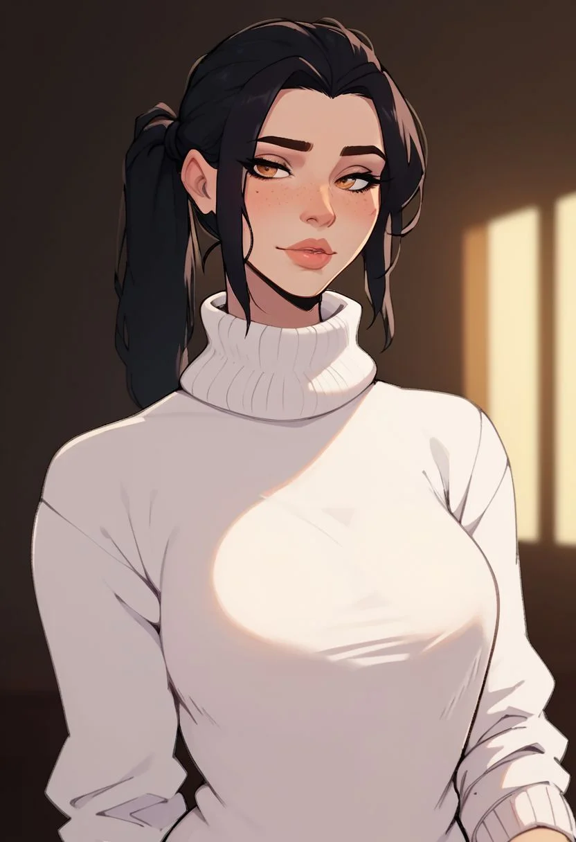 score_9, score_8_up, score_7_up,
1girl, solo, 21yo, English girl, large lips, beautiful eyes, hazel eyes, raven-black hair, pigtails ponytail, medium breasts, slim and athletic girl, pale freckled skin,
((sexy sweater, sexy turtleneck, white sweater)),
(simple blurred background), ((naughty expression, sexy pose, upper body, dynamic angle)),
erotic, elegant, sensual, seductive, bright colors, high contrast, dark background, vivid lighting,
zPDXL,
<lora:NoctFlatStyleV2:1>
