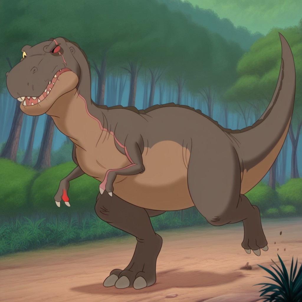 masterpiece, best quality, amazing quality, redclawlbtil, feral, male, Tyrannosaurus, brown skin, scar, one red sclera, one yellow sclera, black eyes, pink scar, forest,   fully body,  solo, one red finger claw, running, straight-on