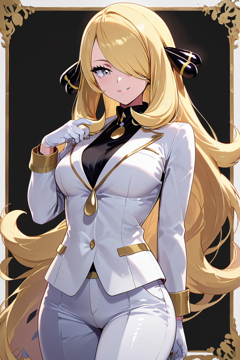 score_9, score_8_up, score_8, medium breasts, (curvy), cute, eyelashes,       ,,, ,  C007Citron, grey eyes, hair over one eye, blonde hair, hair ornament, long hair,  long sleeves, white gloves, white jacket, white pants, alternate costume, shirt,  <lora:Cynthia007PDXL:1>, , BREAK, smile, looking at viewer, cowboy shot, ,,, embedding:zPDXL, Expressiveh, ,,, <lora:Zy0n7_PDXL:0.8>, <lora:SDXLFaeTastic2400:0.5>, <lora:Expressive_H-000001:0.4>,