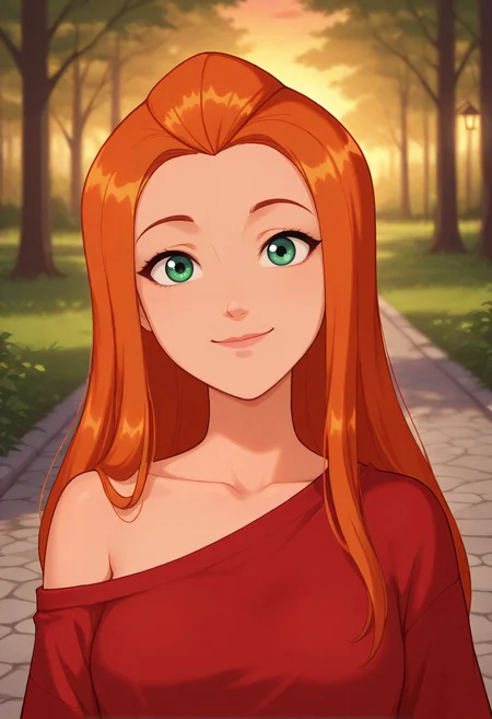 very awa, masterpiece,best quality,amazing quality, best quality, newest, absurdres, highres, detailed background, detailed hair, depth of field, detailed skin, best quality, amazing quality, very aesthetic, high resolution, ultra-detailed, absurdres, OverallDetailXL, skinny, narrow waist, aged up, long hair, green eyes, orange hair, medium breasts, sam_totally_spies, Shirt, Pastel Red shirt, off shoulder, oversized shirt, f0rkedta1l, 1girl, solo, portrait, face focus, looking at viewer, facing viewer, smiling, closed mouth, forest, dusk, lantern_light, cobblestone_path, weeping_willow,,,