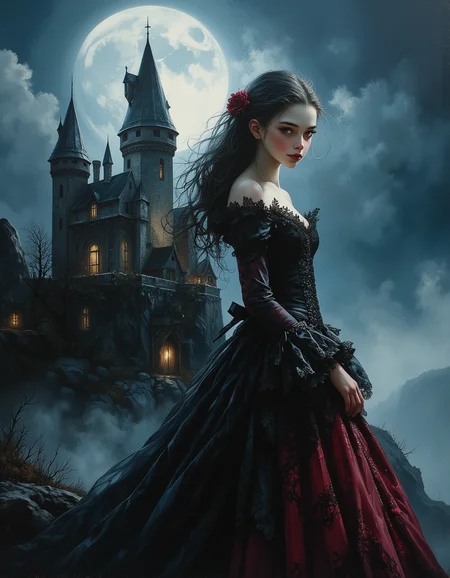 a closeup portrait, over-the-shoulder shot, an Oil Painting of a little tween regal gothic vampire stands in front of her grand, ancient castle on a moonlit night. Her flowing black gown, adorned with intricate lace and dark red accents, billows dramatically in the chilling breeze. Her dress is tightly corset, bustled, hooped, and crinoline. Her alabaster skin glows faintly under the pale light of a full moon, and her piercing crimson eyes gaze with an air of mystery and command. Her lips are slightly parted, revealing sharp, gleaming white vampire fangs. Her raven-black hair cascades down in elegant waves, framing her face adorned with dark makeup that accentuates her unearthly beauty.
The castle behind her looms majestically, its towering spires silhouetted against a sky filled with swirling storm clouds. Ivy and mist cling to the ancient stone walls, adding an air of decay and timelessness. The scene is bathed in hues of deep blues, blacks, and silvers, with faint glimmers of crimson adding a touch of eerie elegance.
A swirling fog blankets the ground, partially obscuring the dark, jagged rocks of the surrounding landscape. In the distance, the faint outline of a withered, gnarled tree adds to the haunting atmosphere and ominous night sky.
Her body is skinny and petite. brush strokes, warm light, magic, extremely coherent, cute, beautiful, cinematic, stunning, creative, positive, cheerful, unique, cool, inspiring, pure, rational, very inspirational, friendly, thought, glowing, magical, perfect, intricate, wonderful, lovely, novuschroma, del1cate_balance style, in the style of Rembrandt. FS, vantablack <lora:style_of_Rembrandt_FLUX_135:.8> <lora:- Flux1 - vanta_black_V2.0:.4> <lora:Delicate_Balance:.3> <lora:neeeg_f1:-1> <lora:113_novuschromaFLX_1:.2> <lora:FluxF4ngs:.8>