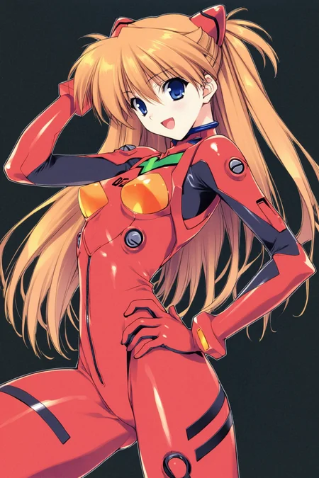 1girl,long hair,plugsuit,bodysuit,souryuu asuka langley,pilot suit,bracer,blue eyes,smile,open mouth,breasts,bangs,turtleneck,solo,cowboy shot,:d,hair between eyes,gloves,red bodysuit,small breasts,looking at viewer,headgear,two side up,hand on hip,skinny,adjusting hair,narrow waist,standing,orange hair,science fiction,hand up,shiny clothes,hair ornament,happy,from side,shiny,skin tight,simple background,black background,old version,<lora:Suzuhira Hiro_XL:0.8>,