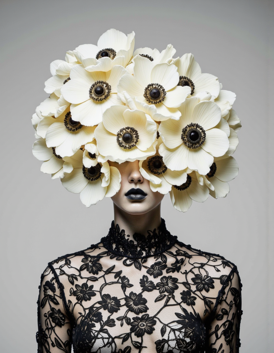 By Tom Nulens. A highly stylized, digital artwork depicting a person's head and shoulders against a plain, gradient background transitioning from light gray at the top to a slightly darker gray at the bottom. The subject's face is obscured by a dense cluster of large, white anemone flowers, each with a central, dark brown eye-like center and delicate, ruffled petals. The flowers appear to be floating just above the person's head, creating a surreal, almost otherworldly effect. The person's skin is smooth and pale, and they have dark, matte lipstick that contrasts sharply with their light complexion. They are wearing a high-necked, black lace top that has a sheer, intricate pattern, adding a touch of elegance and sophistication to the image. The overall composition is striking, blending elements of nature, surrealism, and fashion in a modern, digital art style. The texture of the lace is detailed and the smoothness of the skin and flowers contrasts with the intricate patterns of the lace, creating a visually rich and harmonious image. <lora:Tom_Nulens:0.85>