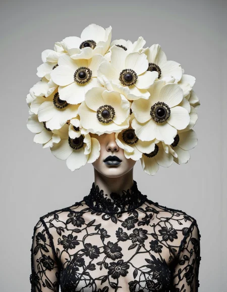 By Tom Nulens. A highly stylized, digital artwork depicting a person's head and shoulders against a plain, gradient background transitioning from light gray at the top to a slightly darker gray at the bottom. The subject's face is obscured by a dense cluster of large, white anemone flowers, each with a central, dark brown eye-like center and delicate, ruffled petals. The flowers appear to be floating just above the person's head, creating a surreal, almost otherworldly effect. The person's skin is smooth and pale, and they have dark, matte lipstick that contrasts sharply with their light complexion. They are wearing a high-necked, black lace top that has a sheer, intricate pattern, adding a touch of elegance and sophistication to the image. The overall composition is striking, blending elements of nature, surrealism, and fashion in a modern, digital art style. The texture of the lace is detailed and the smoothness of the skin and flowers contrasts with the intricate patterns of the lace, creating a visually rich and harmonious image. <lora:Tom_Nulens:0.85>