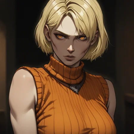 masterpiece, best quality, newest, absurdres, highres, FCOMV1.0, 1girl, ashley graham (resident evil), blonde, orange shirt, blonde hair, orange sweater, sleeveless, sleeveless sweater, sleeveless tutrleneck, turtleneck, short hair, curtained hair,