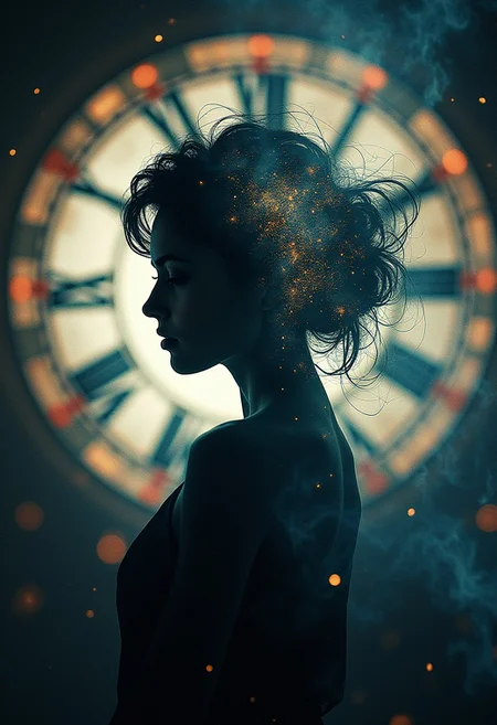 mysterious silhouette of a time travelling woman, black hole, inside of a clock, gears, goddess, alluring, by Minjae Lee, Carne Griffiths, Emily Kell, Steve McCurry, Geoffroy Thoorens, Aaron Horkey, Jordan Grimmer, Greg Rutkowski, amazing depth, double exposure, surreal, geometric patterns, intricately detailed, bokeh,  perfect balanced, deep fine borders, artistic photorealism , smooth,  great masterwork by head of prompt engineering