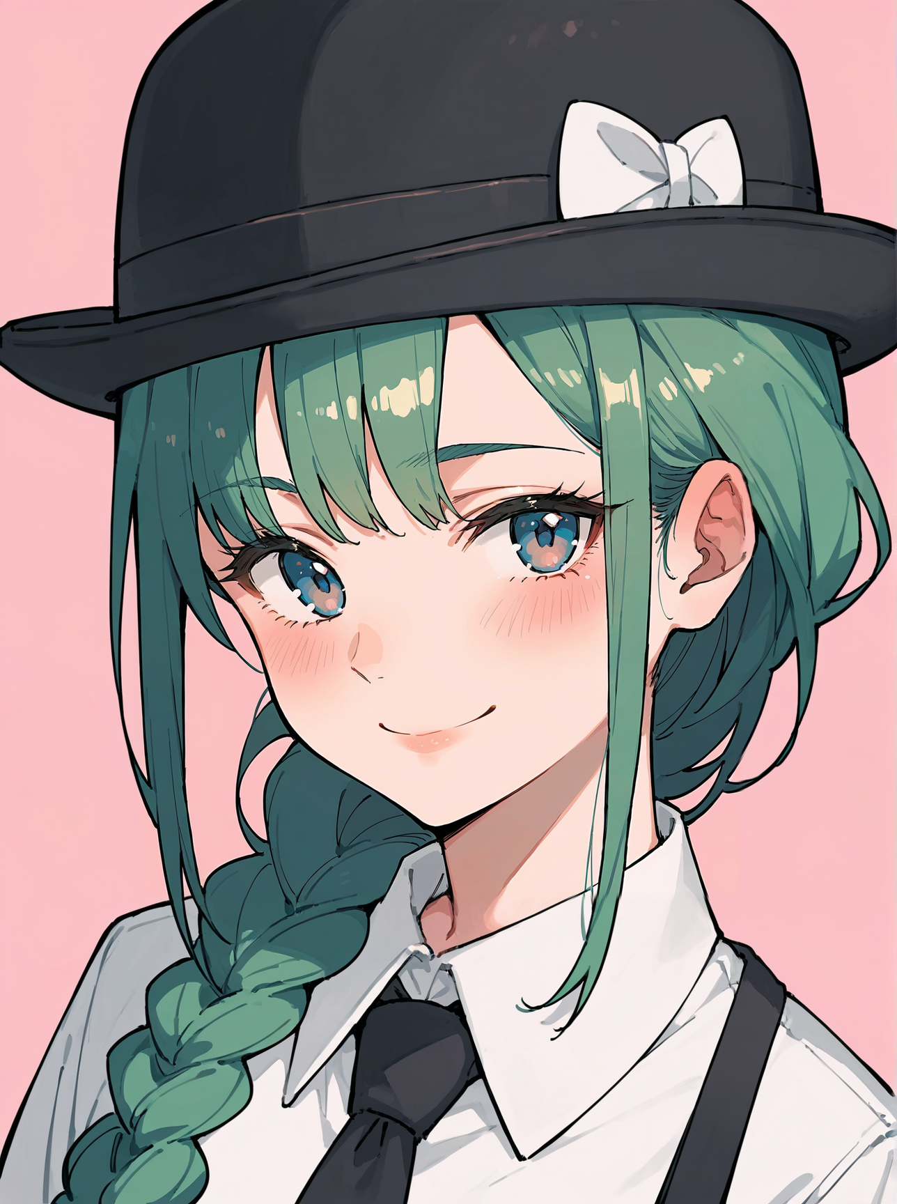score_8_up, score_7_up, score_6_up, source_anime, 1girl, solo, simple background, pink background,, portrait, close-up
smile, 
white shirt, black necktie
bowler hat <lora:bowlerhat:1>