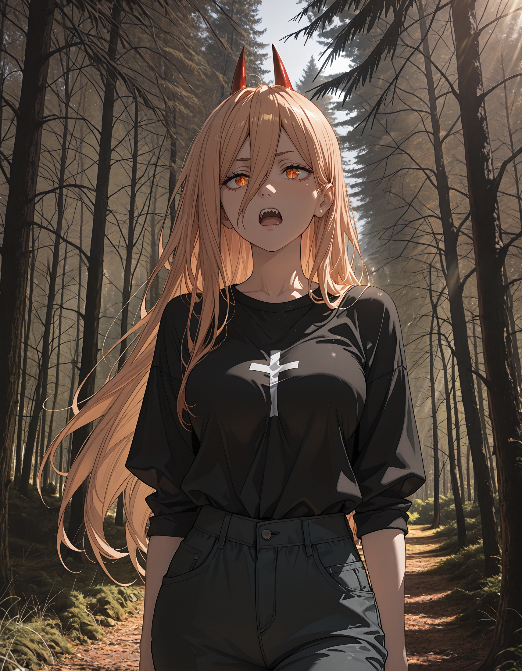 incredibly absurdres, masterpiece, absurdres, high quality,re4lity_sync_illu, <lora:re4lity:1>,power \(chainsaw man\),  1girl, horns, solo, shirt, long hair, tree, red horns, black shirt, outdoors, pants, nature, blonde hair, open mouth, forest, cross-shaped pupils,photo background, soft lighting,light rays, detailed trees
