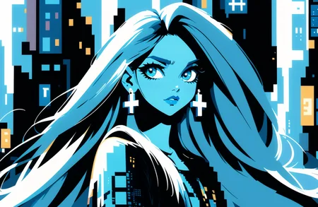this is a photo of a fashion girl, it is a straight angle with her full body, she has a wonderful blue eyes and long straight hear, wearing a cross earrings, standing in the middle of street, pixel_art style background
BREAK
<lora:mys-000007:0.8>