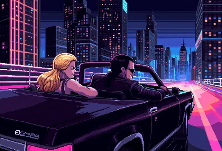 pixelart, ((cool man wearing a leather jacket,driving a convertible shiny black car)),relaxing,he is wearing sunglasses,and smiling confidently,smirk,black hair mullet,on the back seat is sitting a blonde beautiful woman wearing elegant clothes,closed eyes,happy smile, neon highway,retro city in the background with tall buildings,joy moment,driving at high speed,wind blowing,after image lights,