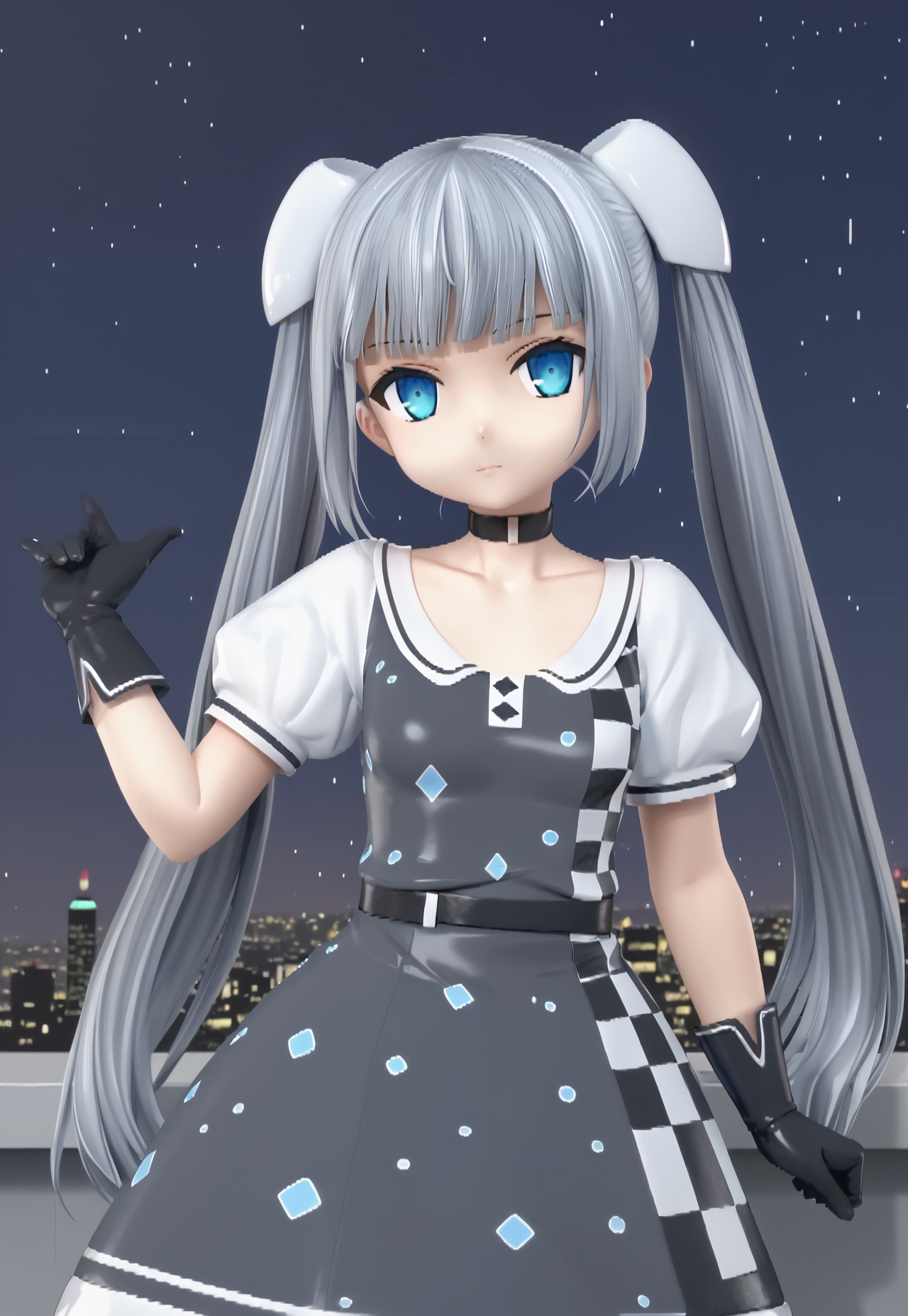 MMDress, long hair, puffy short sleeves, black gloves, twintails, grey hair, blunt bangs, black choker, blue eyes, grey dress, hair ornament, hairpods, checkered dress, collarbone, black belt, small breasts, 

looking at viewer, head tilt, closed mouth, hand up,

window, cityscape, billboard, neon lights, dark, night, night sky, 

1girl, solo, solo focus, highres, absurdres, light particles, backlighting, shade, light rays, lens flare, shiny skin, fine fabric emphasis,
