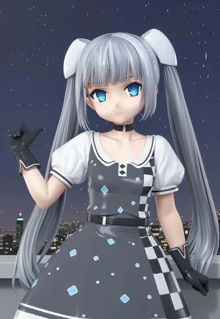 MMDress, long hair, puffy short sleeves, black gloves, twintails, grey hair, blunt bangs, black choker, blue eyes, grey dress, hair ornament, hairpods, checkered dress, collarbone, black belt, small breasts,
looking at viewer, head tilt, closed mouth, hand up,
window, cityscape, billboard, neon lights, dark, night, night sky,
1girl, solo, solo focus, highres, absurdres, light particles, backlighting, shade, light rays, lens flare, shiny skin, fine fabric emphasis,