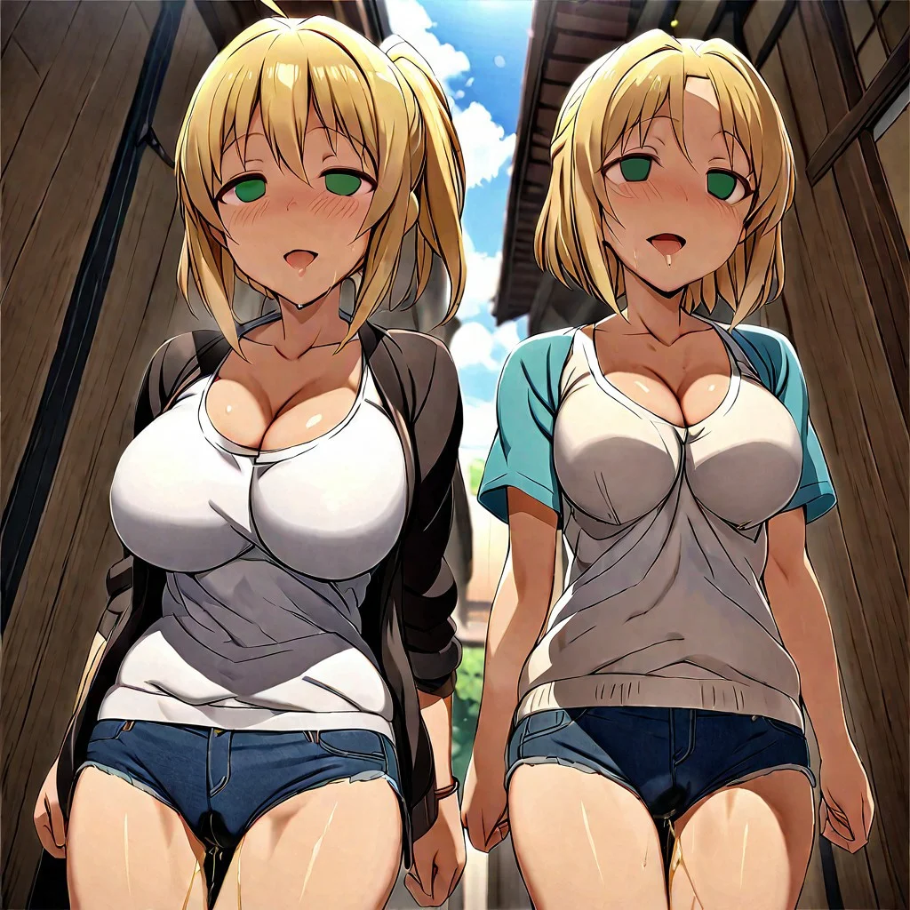 masterpiece, best quality, Ray tracing, hdr, volumetric lighting, highres, detailed background, source_anime, detailed eyes, female, early 20's age, shoulder length blonde hair, green eyes, smiling, attractive, white tank top, denim shorts, light spring jacket, large breasts, cleavage, wetting self, large puddle, blushing, empty eyes, half-closed eyes, hypno wave, glowing eyes