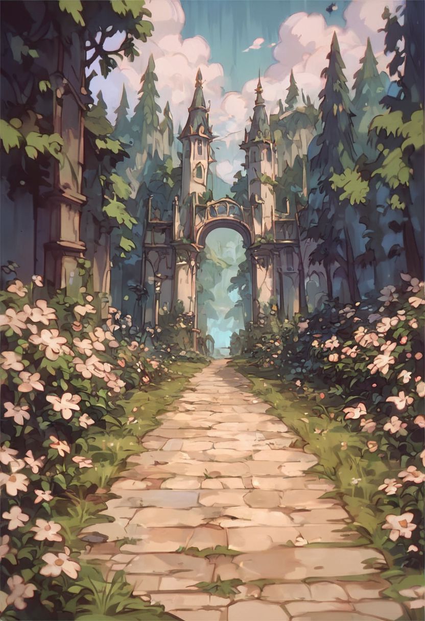 score_9, score_8_up, score_7_up, score_6_up,
nature background, flowers, flower frame, path through the flowers, disney style, small clouds
