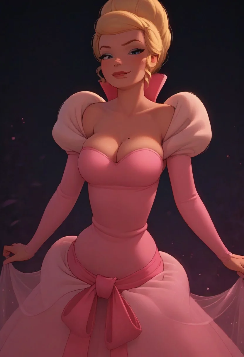 score_7, score_8, score_9, dynamic lighting, detailed background, background is royal ball, night, glowing, ((close up)), cowboy shot, outdoors 
BREAK 
Solo, female, charlotte labouff, blue eyes, (blonde hair), hairbun, slender waist, wide hips, long torso, huge breasts, heavy breasts, thick thighs, big ass, round ass, curvy, voluptious, long legs, curvy legs, cleavage 
BREAK 
standing, looking at viewer, light smirk, half closed eyes, (( pink princess dress)), hips cocked, sexy, flirty, long sleeves, exposed shoulders, puffy sleeves, (beauty mark under right eye)