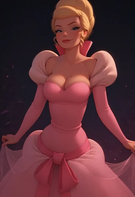 score_7, score_8, score_9, dynamic lighting, detailed background, background is royal ball, night, glowing, ((close up)), cowboy shot, outdoors 
BREAK 
Solo, female, charlotte labouff, blue eyes, (blonde hair), hairbun, slender waist, wide hips, long torso, huge breasts, heavy breasts, thick thighs, big ass, round ass, curvy, voluptious, long legs, curvy legs, cleavage 
BREAK 
standing, looking at viewer, light smirk, half closed eyes, (( pink princess dress)), hips cocked, sexy, flirty, long sleeves, exposed shoulders, puffy sleeves, (beauty mark under right eye)