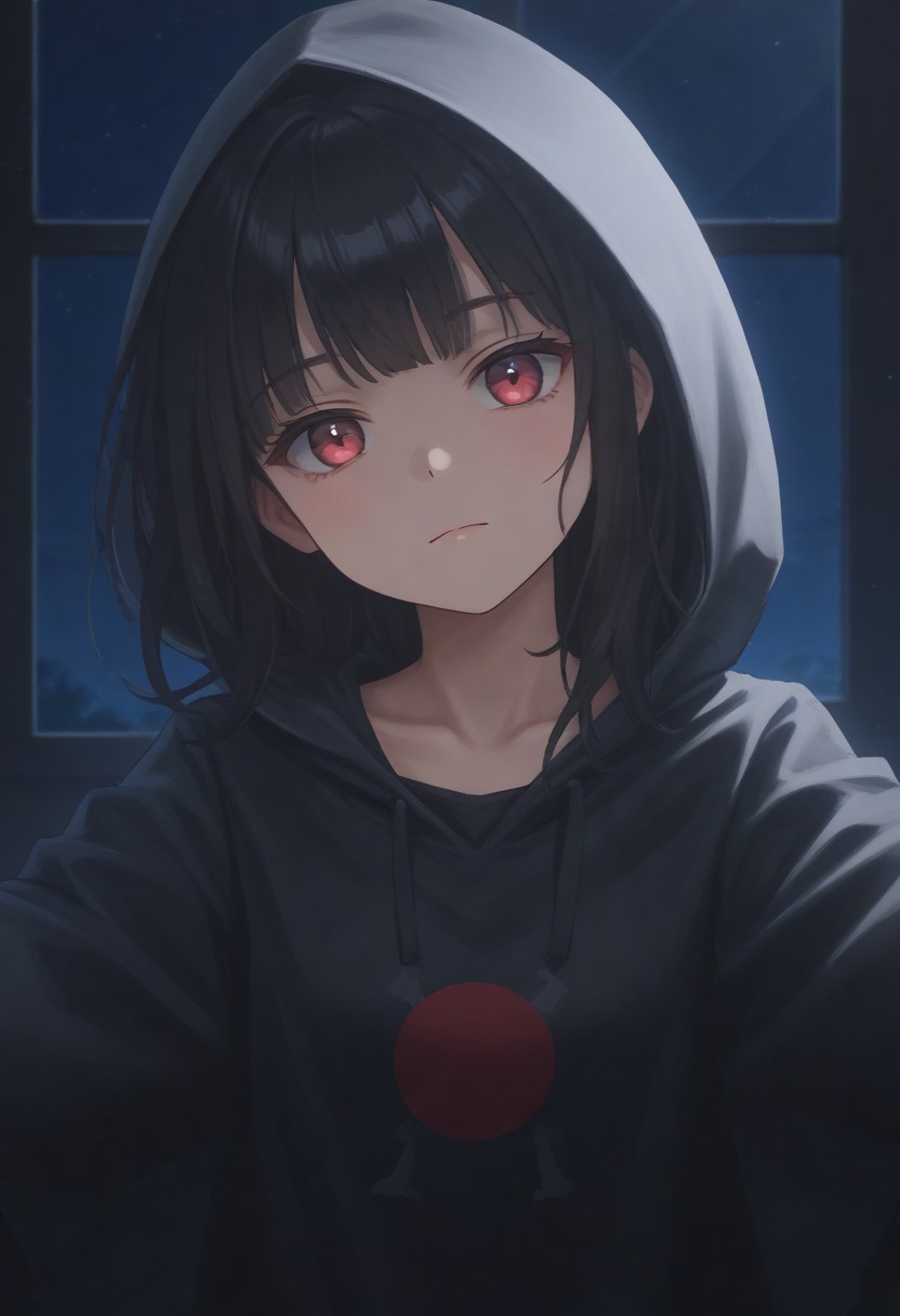 IsomerMob, black hair, bangs, hood up, hooded cloak, red eyes, long hair, black cloak, long sleeves, collarbone, no patterns, no accessories, solid color, 
looking at viewer, head tilt, closed mouth, outstretched arms, reaching toward viewer, close-up,
window, dark, night, night sky, 
score_9, score_8_up, score_7_up, 1girl, solo, solo focus, highres, absurdres, light particles, shade, lens flare, shiny skin, fine fabric emphasis,