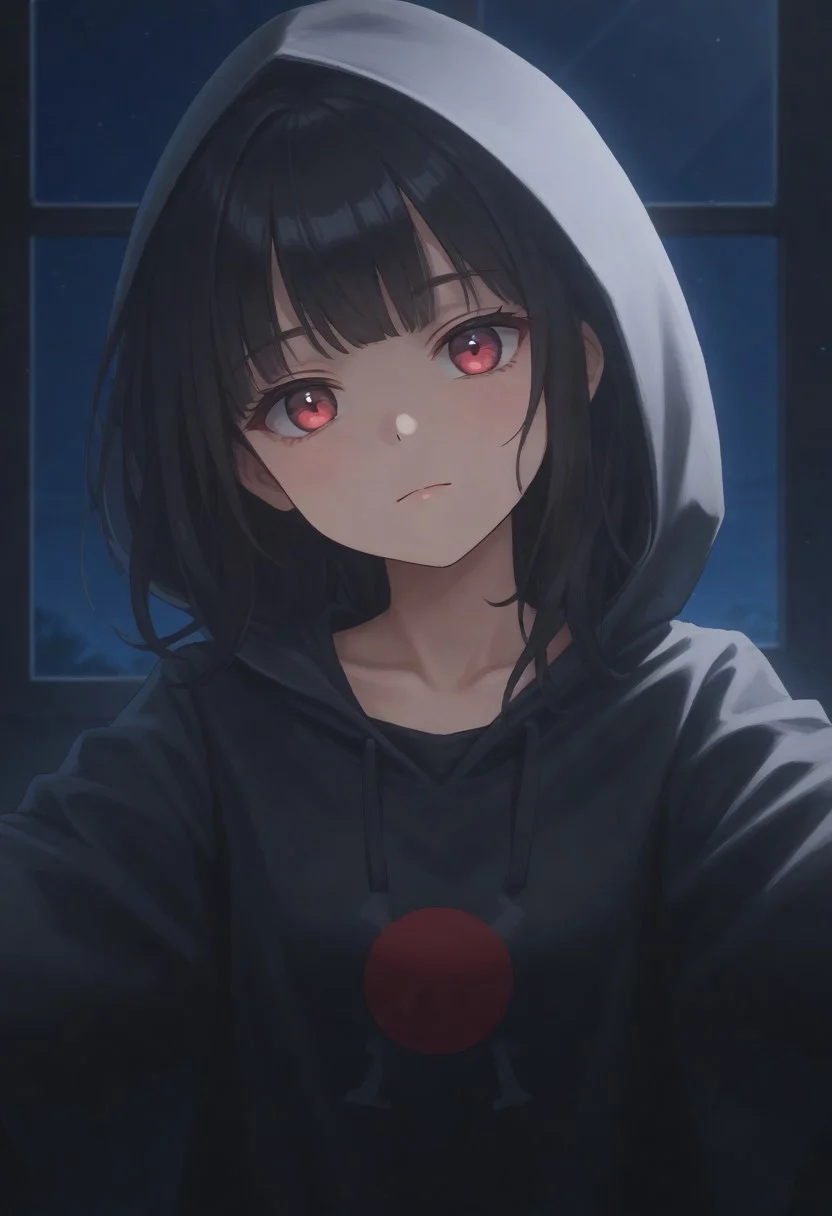 IsomerMob, black hair, bangs, hood up, hooded cloak, red eyes, long hair, black cloak, long sleeves, collarbone, no patterns, no accessories, solid color,
looking at viewer, head tilt, closed mouth, outstretched arms, reaching toward viewer, close-up,
window, dark, night, night sky,
score_9, score_8_up, score_7_up, 1girl, solo, solo focus, highres, absurdres, light particles, shade, lens flare, shiny skin, fine fabric emphasis,