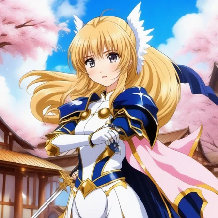 Ultra-realistic extremely detailed real life 8k masterpiece of a gorgeous holy knight woman wearing white and gold holy armor with armored angel wings saving a village, epic background, extremely detailed eyes mouth and facial features, breathtaking epic lighting, cinematic composition, sakura wars anime style <lora:sakura wars anime style:0.8>